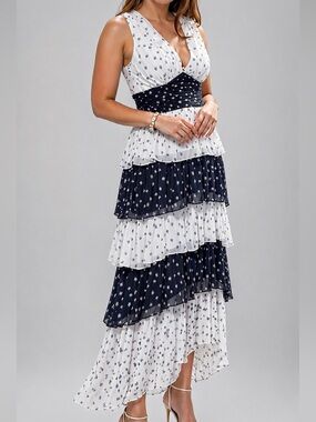 🆕✨ 1.STATE Polka Dot Tiered Maxi Dress Size 14 White Navy Chiffon Casual Party